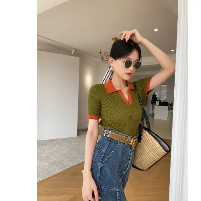 Contrast Color V Neck Short Sleeved Sweater Mustard Green - Shop at LoveMi
