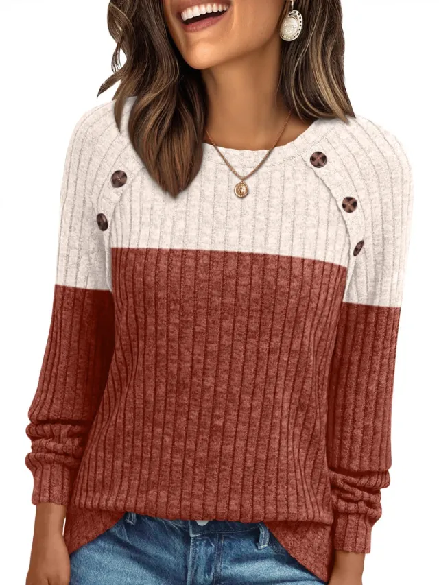 Women's Round neck Sunken Stripe Brushed Solid Color Top Long Sleeve Apricot Brick Red - Shop at LoveMi