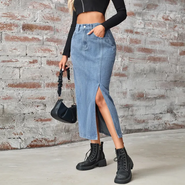 Women's Summer Washed Denim Elastic Waist Denim Skirt Blue - Shop at LoveMi