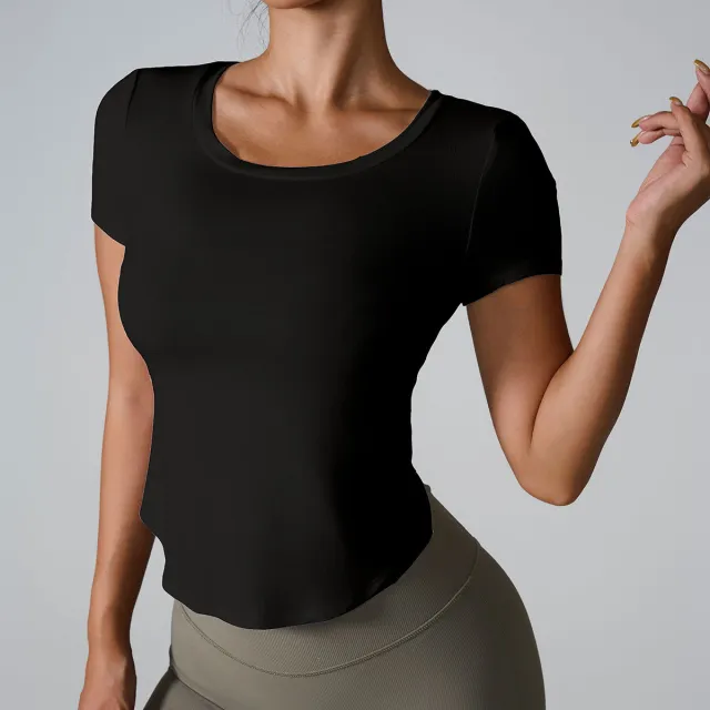 Sports Short Sleeve Yoga Suit Body Shaping Fitness Short T shirt Black - Shop at LoveMi