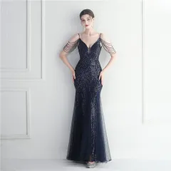 Mesh Beaded Bridal Wedding Dinner Long Camisole Evening Gown - Blue - View 1