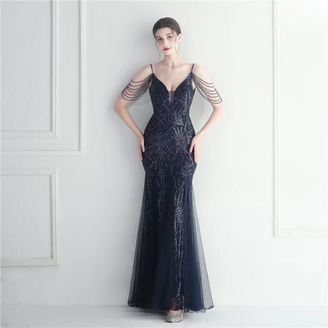 Mesh Beaded Bridal Wedding Dinner Long Camisole Evening Gown Blue - Shop at LoveMi