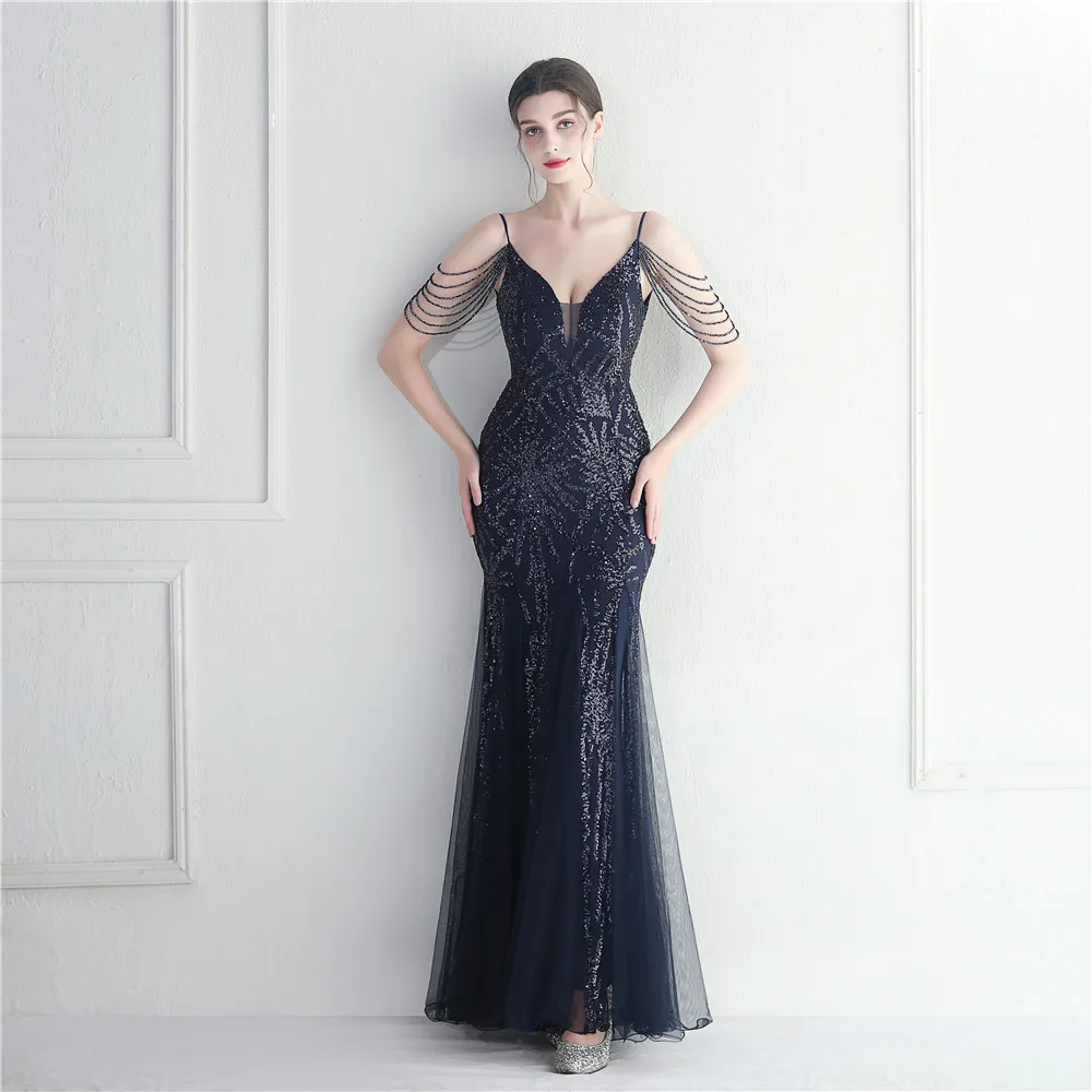 Mesh Beaded Bridal Wedding Dinner Long Camisole Evening Gown - Blue