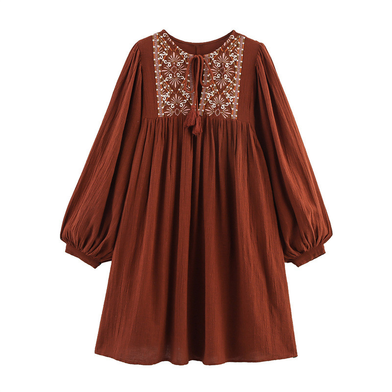 Summer Women's Clothing Embroidered Crew Neck Long Sleeve Artistic Short Dress Wine Red - Shop at LoveMi