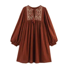Summer Women's Clothing Embroidered Crew Neck Long Sleeve Artistic Short Dress - Wine Red - View 1