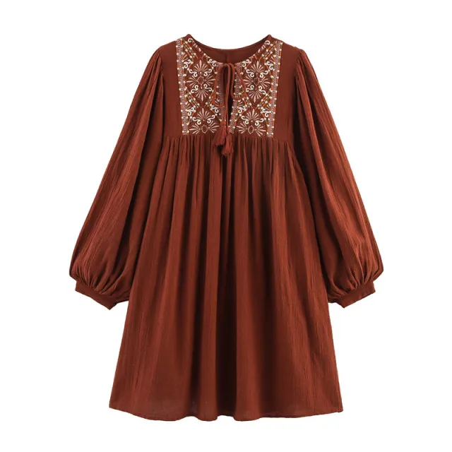 Summer Women's Clothing Embroidered Crew Neck Long Sleeve Artistic Short Dress Wine Red - Shop at LoveMi