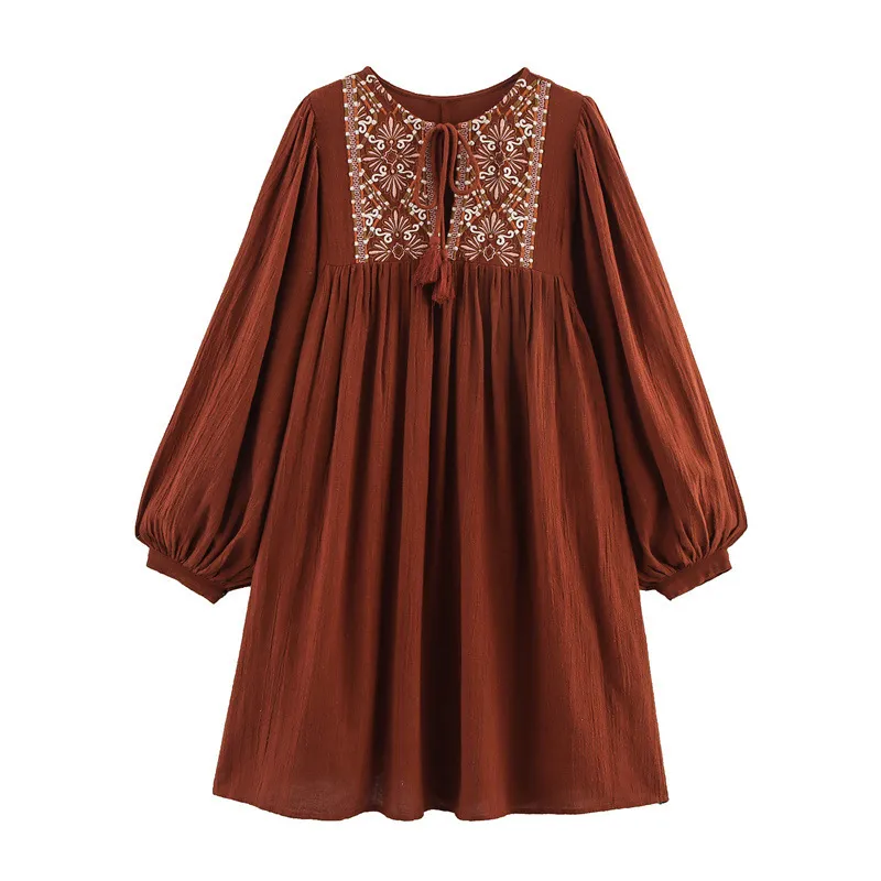 Summer Women's Clothing Embroidered Crew Neck Long Sleeve Artistic Short Dress - Wine Red