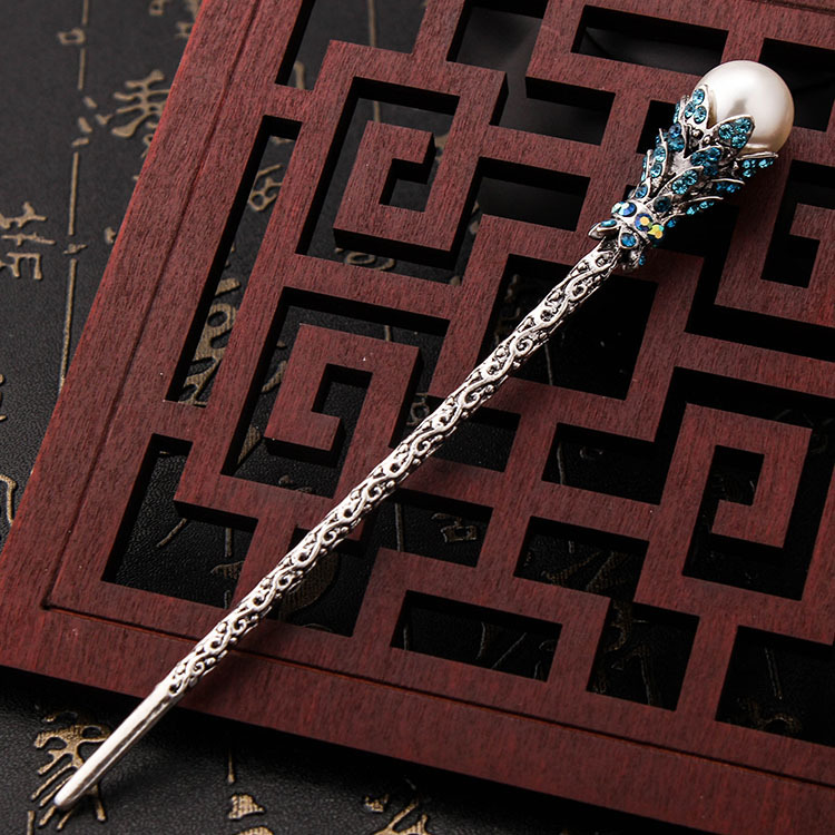 Vintage Bronze Hairpin With Rhinestones And Pearls