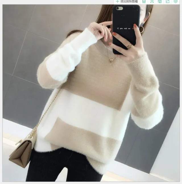 Casual Loose Pullover Long Sleeve Top Mink Wool Sweater Khaki - Shop at LoveMi