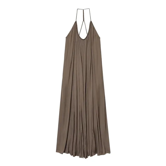 Elegant Silk Satin Texture Sling Loose Length Dress Khaki - Shop at LoveMi