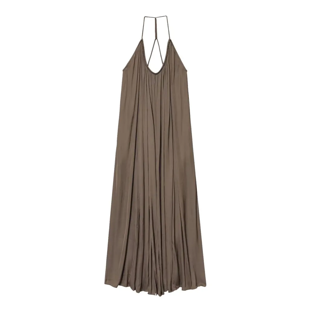 Elegant Silk Satin Texture Sling Loose Length Dress - Khaki