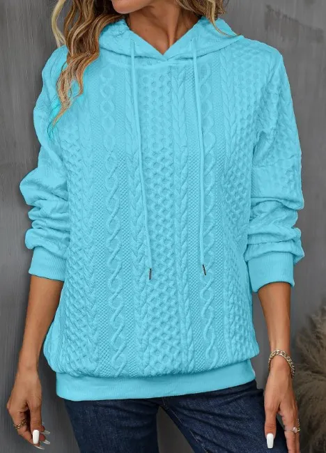 Plus Size Casual Jacquard Hooded Lace up Long Sleeve Sweatshirt Lake Blue - Shop at LoveMi