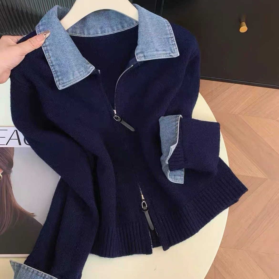 Retro Denim Panel Knit Cardigan
