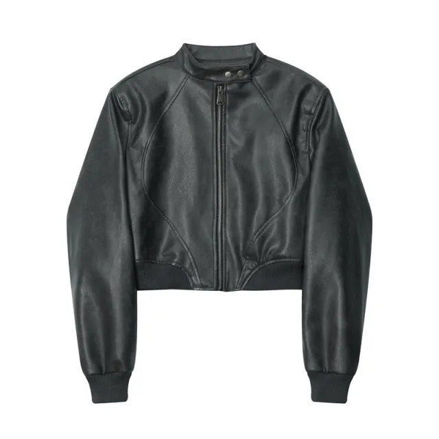 HeyHenry American Fashion Stand Collar Long Sleeve Short PU Leather Short Jacket Gray - Shop at LoveMi