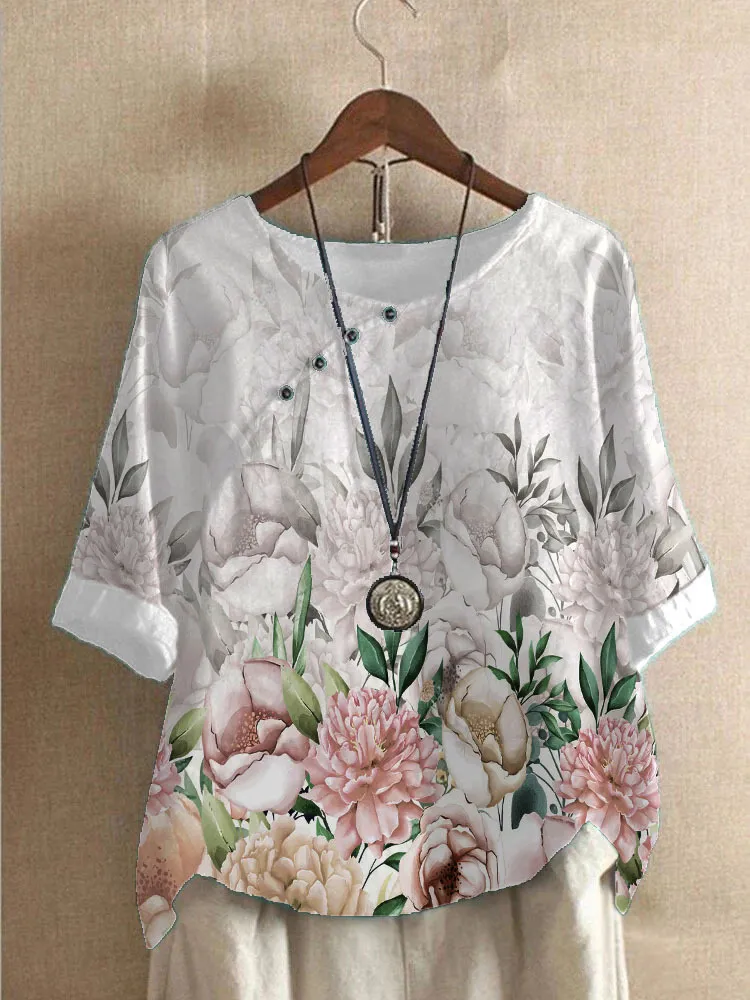 Women's Cotton And Linen Fashion Printed Loose Shirt - Large Flower-L