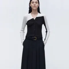 Autumn And Winter New Contrast Color Irregular Slim-fit Long-sleeve Cardigan Sweater - Black - View 1