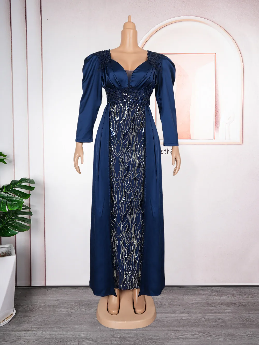 Plus Size Women's Dress V-neck Backless Sequined Evening Dress - Dark Blue