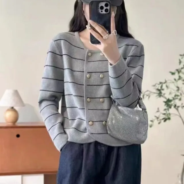 Double Breasted Western Style Classic Striped Color Collision Design Loose Round Neck Cardigan Gray - Shop at LoveMi