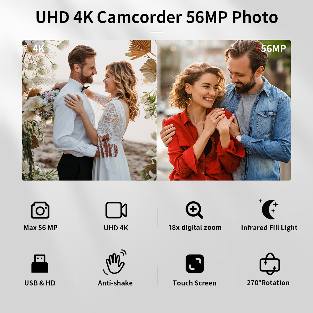 4K-digitale camcorder met windbestendige microfoon en invullicht – accessoires inbegrepen