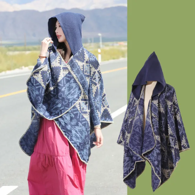 Dali Tourism Ethnic Style Shawl Northwest Thickened Warm Scarf Cloak Navy Blue - Shop at LoveMi