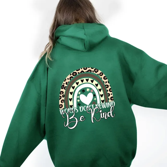 Be Kind Letter Print Hooded Heel Wrapped Collar Brushed Hoody Women Green - Shop at LoveMi