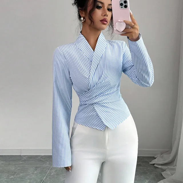Striped Long Sleeve Elegant Strap Women's Blouse Blue - Shop at LoveMi