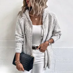 Women's Fashion Casual Hooded Drawstring Zipper Sweater - Khaki - View 1