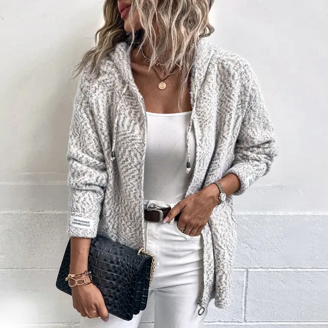 Women's Fashion Casual Hooded Drawstring Zipper Sweater Khaki - Shop at LoveMi