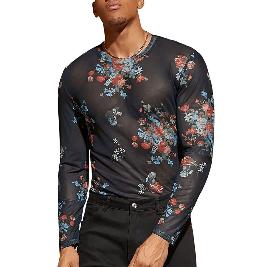 Mens See-Through Tight-Fitting Printed Mesh T-Shirt