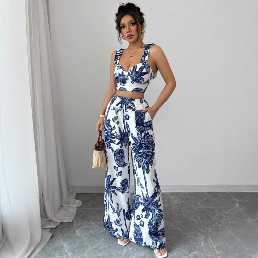 Sexy V-neck Strap Vest Loose Wide Leg Pants