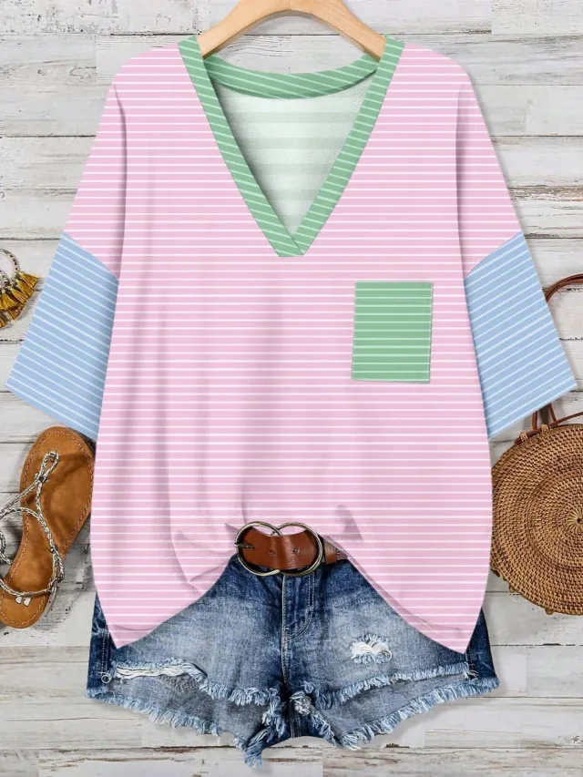 Artistic Relaxed fit Casual Slimming V neckline Pocket 34 Sleeve Top Pink - Shop at LoveMi