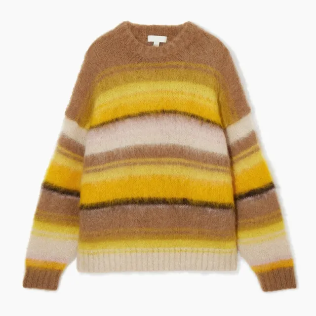 Women's Round Neck Mohair Blended Sweater Brown Yellow Stripe - Shop at LoveMi