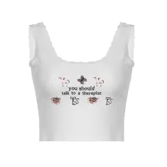 Pure Desire Sexy Style Cute Animal Embroidered Lace Patchwork Top Contrast Color Slim Fit Navel Small Sling Vest - White - View 1