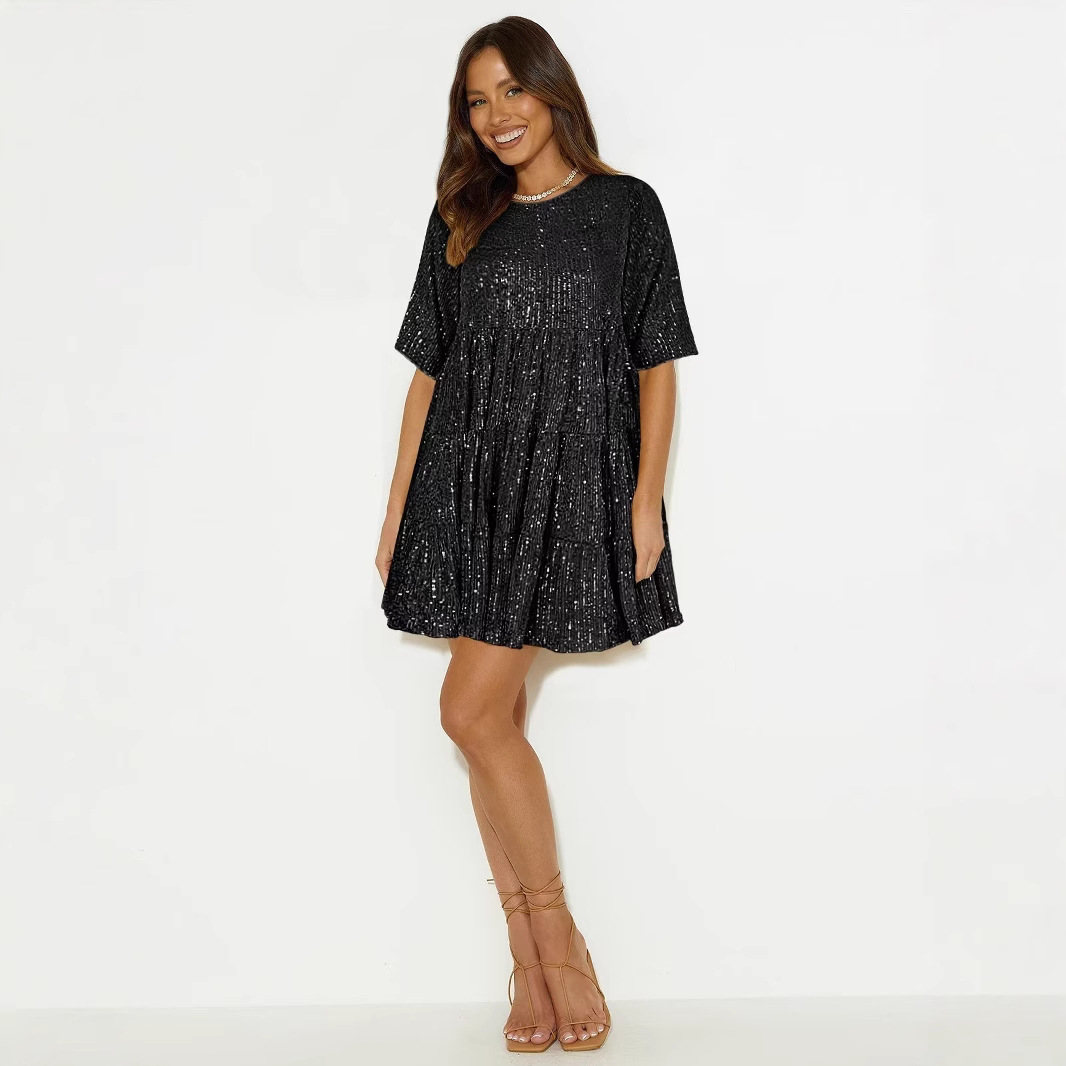 Round-neck Sexy Fashion Sequin A-line Skirt Short Dress - imagen 1