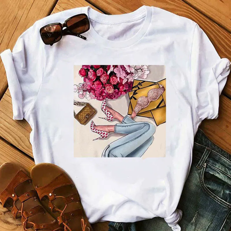 Women's High Heels Pattern Cute Loose Top T-shirt - 5323