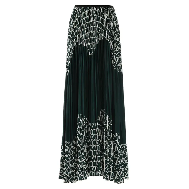 Printed Pleated Skirt Women's Contrast Color Asymmetric Skirt Dark Green - Shop at LoveMi
