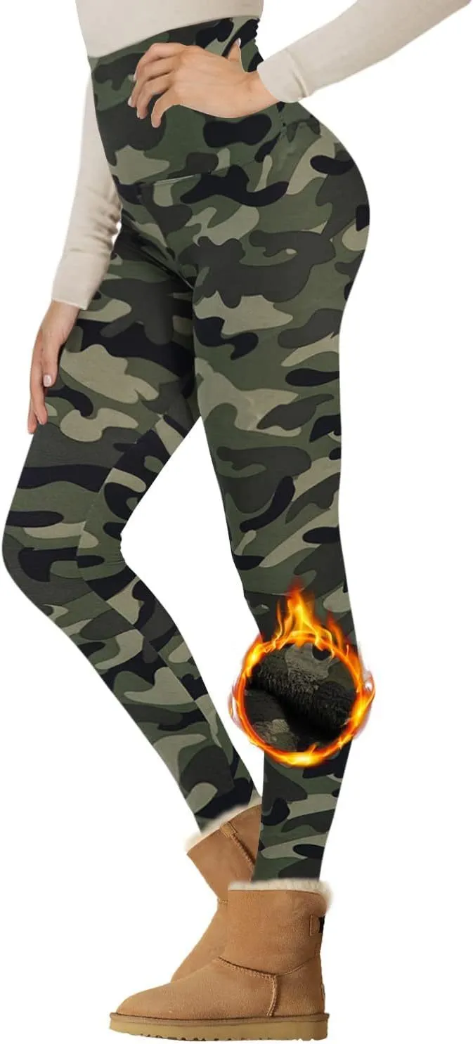 Cropped High Waist Velvet Padded Leggings Thermal Slim Fit - Green