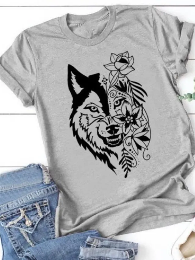 Women's Wolf Head Printed Short sleeved Top Gray - Shop at LoveMi