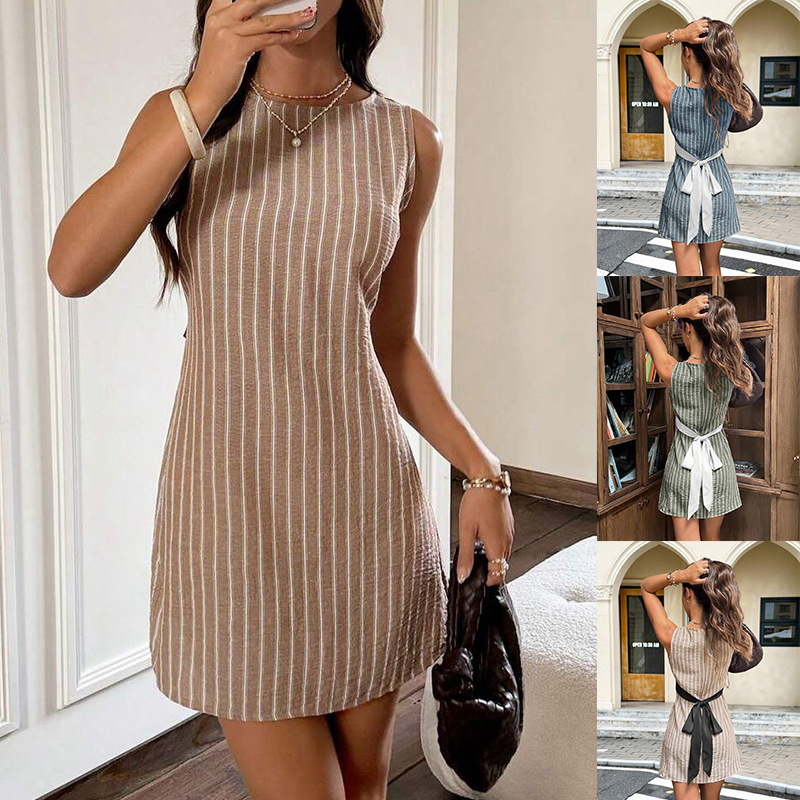 Women's Vintage Slim-fit Striped Lace-up Dress