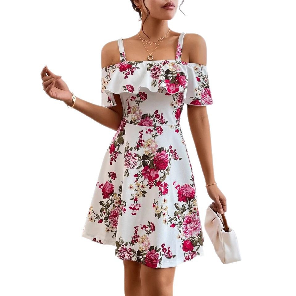 Flower Off-the-shoulder Strap Ruffled Birthday Event Dress