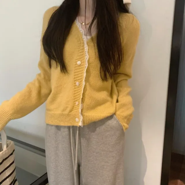 Autumn Short Sweater Women's Design Sense Lace Cardigan Coat Yellow - Shop at LoveMi
