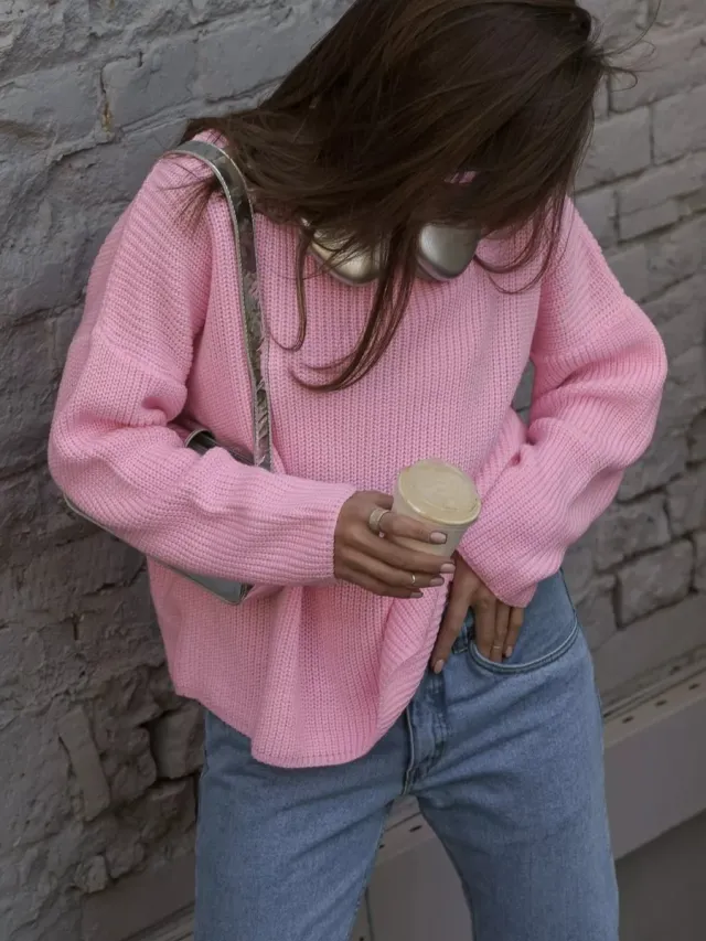 Women's Round Neck Loose Sweater Pullover Pink - Shop at LoveMi