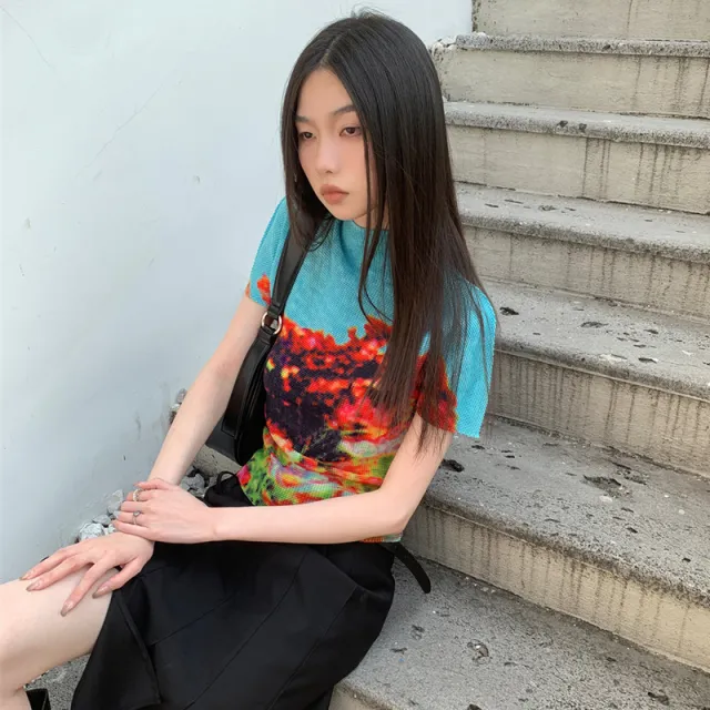 Niche Round Neck Pullover Short Sleeve Printed Pleated - Shop at LoveMi