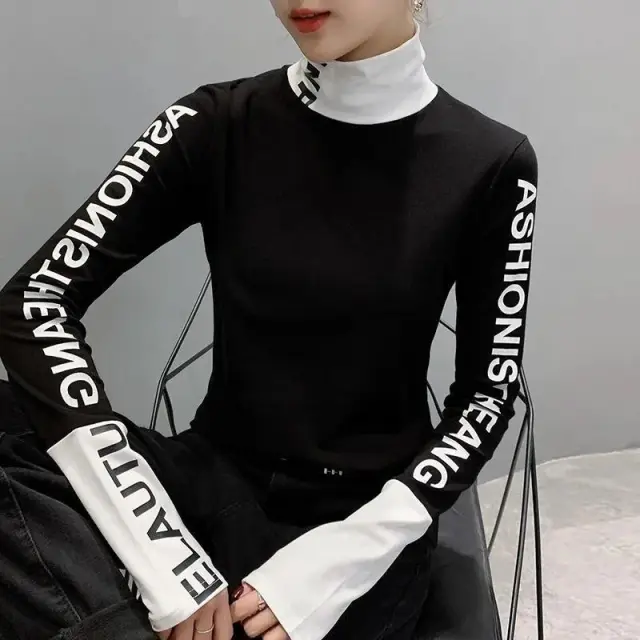 Women's Fashion Black And White Printed Long sleeved Top Turtleneck Bottoming Shirt Black - Shop at LoveMi