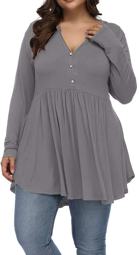 V neck Buttons Pleated Long Sleeve Plus Size T shirt Dark Gray - Shop at LoveMi