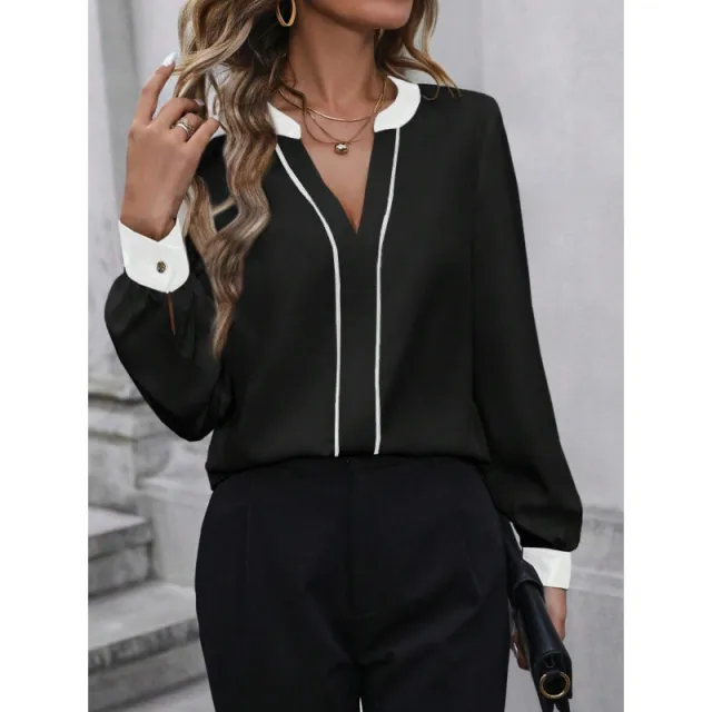 Color Matching Slit Collar Long Sleeve Elegant Workplace Suit Blackandwhite2 - Shop at LoveMi