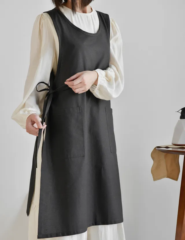 Crew Neck Split Waterproof Cotton And Linen Apron Dark Gray - Shop at LoveMi