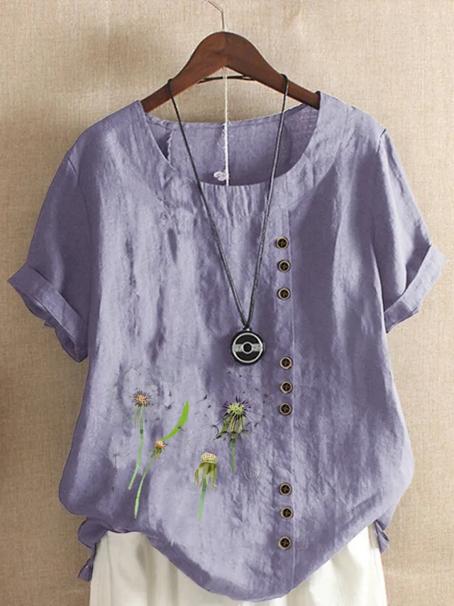 Artistic Retro Cotton And Linen Printed Casual Shirt Women's Top Deep Purple - Shop at LoveMi