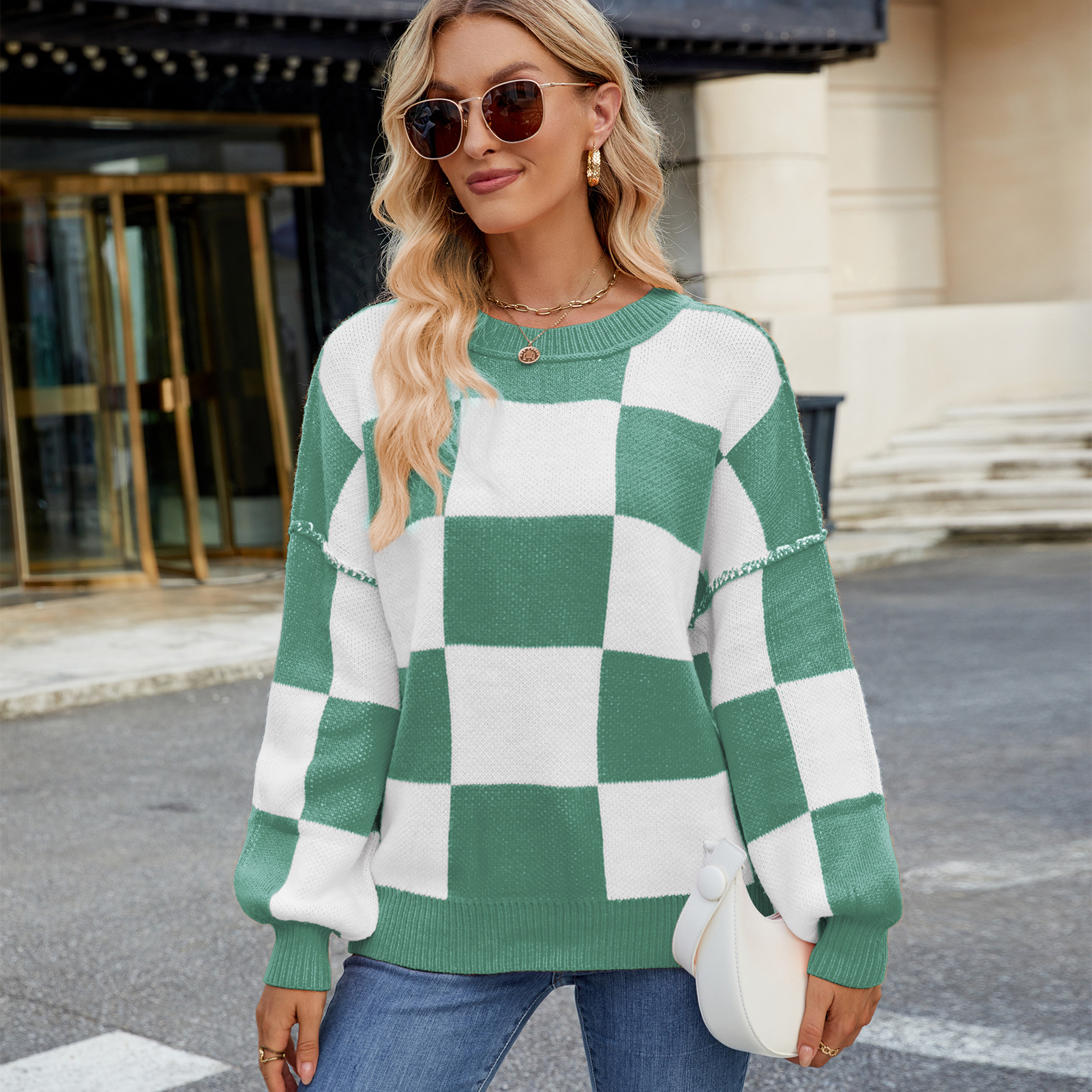 Women's Casual Plaid Color Matching Sweater Green - Shop at LoveMi