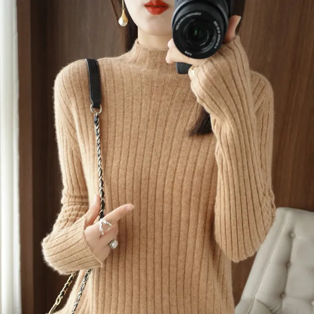 Simple Autumn And Winter Half high Collar Bottoming Shirt Women's Sweater Gold Sand Camel - Shop at LoveMi